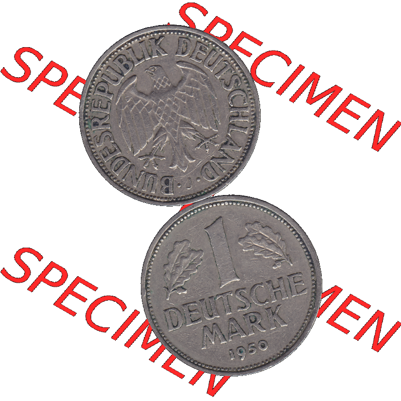 BRD Münzen 1 DM, Umlaufmünze 1950-2001, BRD Deutschland 1 / Eine DM - 1 Eine Deutsche Mark, 1950 Münzzeichen Hamburg Mzz J-1. Münzen-Rückseite und... Sammlung