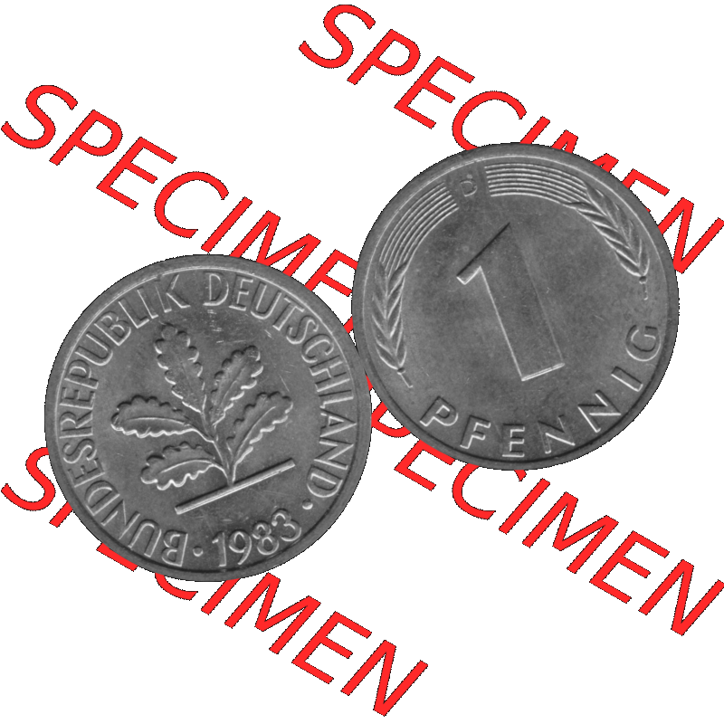 BRD Münzen 1 Pfennig Umlaufmünze in Graustufen PNG 1950-2001, 1 Pfennig 1983 München D-01. Graustufen-Bilder der Vorderseite und Rückseite mit Wert-Zahl auf einen Bild... Sammlung