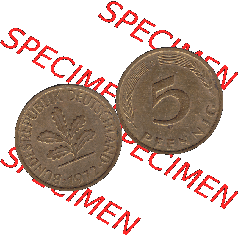 BRD Münzen 5 Pf., Umlaufmünze 1950-2001, 5 Pfennig Deutschland der BRD, 1972 Münzstätte München Mzz. D-01. Vorderseite und Rückseite... Sammlung