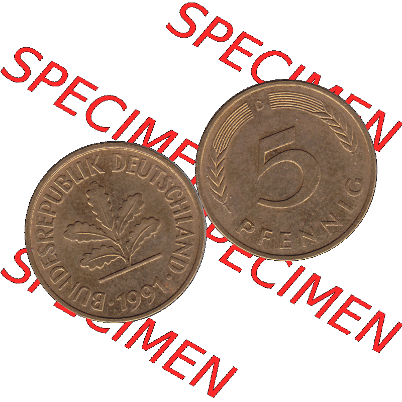 BRD Münzen 5 Pf., Umlaufmünze 1950-2001, 5 Pfennig Deutschland der BRD, 1991 Münzstätte München Mzz. D-01. Vorderseite und Rückseite... Sammlung