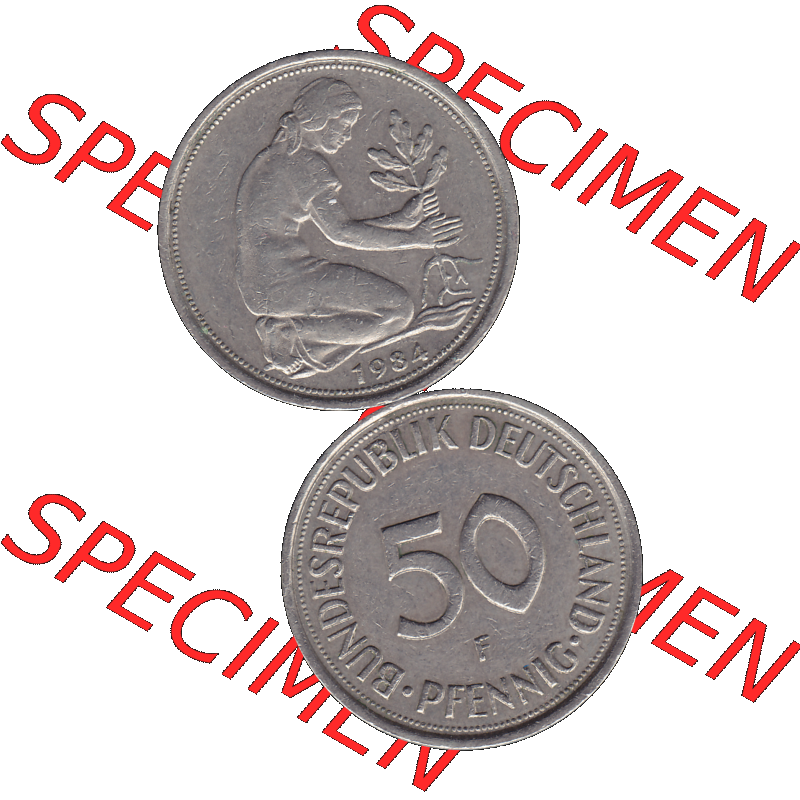 BRD Münzen 50 Pf. Umlaufmünze in PNG 1950-2001, 50 Pfennig BRD Deutschland 1984 Münzstätte Stuttgart mit Mzz. F-01. 50 Pfennig Münze der 1980-er Jahre,... Sammlung
