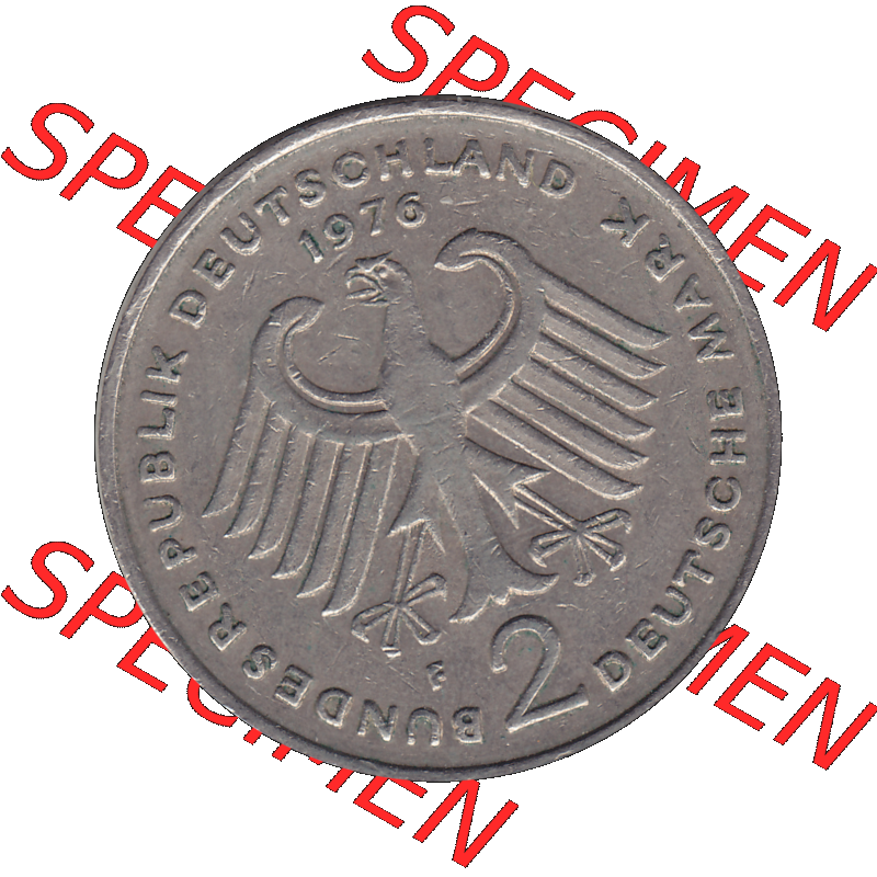 BRD Münzen 2 DM, Gedenkmünze in PNG 1969-1987, 2 DM, Deutsche Mark Konrad Adenauer 1976 Münzzeichen Mzz Stuttgart F-1. Vorderseite mit Deutschen Adler von 2 DM Gedenkmünze... Sammlung