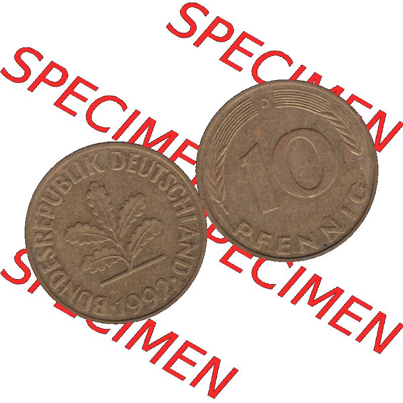 BRD Münzen 10 Pf. Umlaufmünze in PNG 1950-2001, 10 Pfennig 1992 D-01. Vorderseite und Rückseite mit Wert-Zahl auf einen Bild / Foto der digitalisierten 10 Pfennig... Sammlung