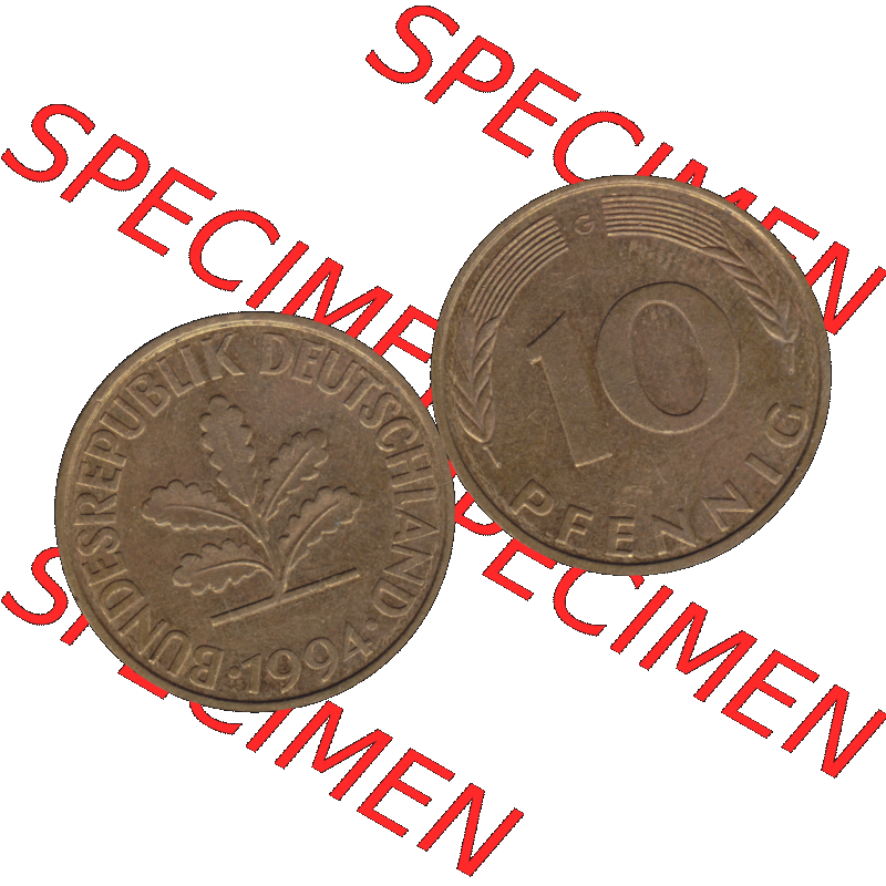 BRD Münzen 10 Pf. Umlaufmünze in PNG 1950-2001, 10 Pfennig 1994 G-12. Vorderseite und Rückseite mit Wert-Zahl auf einen Bild / Foto der digitalisierten 10 Pfennig... Sammlung