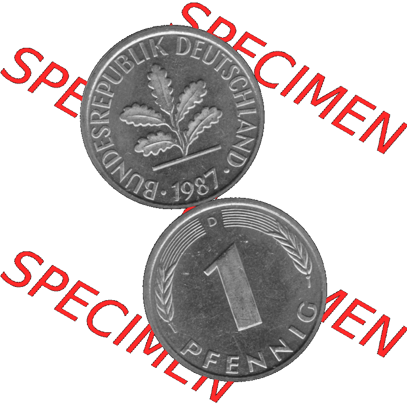 BRD Münzen 1 Pfennig Umlaufmünze in Graustufen PNG 1950-2001, 1 Pfennig 1987 München D-01. Graustufen-Bild erstellt aus Farbigen Bild mit Vorderseite und Rückseite auf... Sammlung