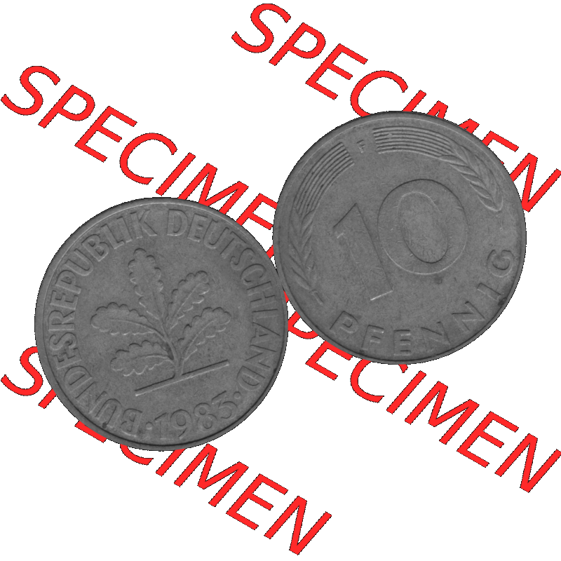 BRD Münzen 10 Pf. Umlaufmünze in PNG 1950-2001, 10 Pfennig 1985 F-01 Graustufen. Graustufen-Bild aus Farbigen Bilder mit Vorderseite und Rückseite mit Wert-Zahl auf einen... Sammlung
