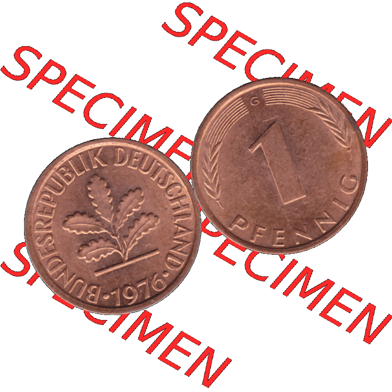 BRD Münzen 1 Pfennig Umlaufmünze in Farbigen PNG 1950-2001, 1 Pfennig 1976, 1970er Jahre Karlsruhe "G"-01. 1 Pfennig Münze der BRD-Jahre. Vorderseite... Sammlung