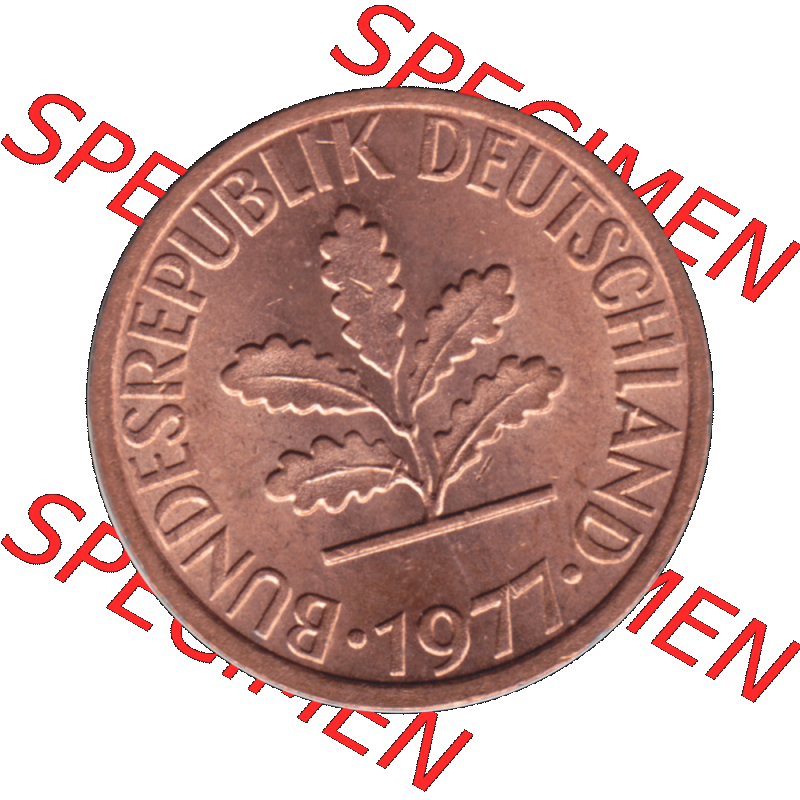 BRD Münzen 1 Pfennig Umlaufmünze in PNG 1950-2001, 1 Pfennig 1977, 1970er Jahre Stuttgart F-01. Vorderseite der digitalisierte 1 / Ein - Pfennig BRD F, mit Mzz.... Sammlung