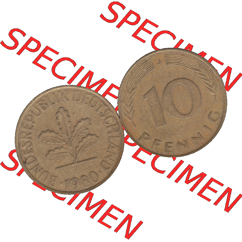 BRD Münzen 10 Pf. Umlaufmünze in PNG 1950-2001, 10 Pfennig der Bundesrepublik Deutschland 1980 Münzstätte Hamburg Mzz. J-01. Vorderseite und Rückseite... Sammlung