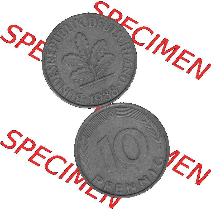 BRD Münzen 10 Pf. Umlaufmünze in PNG 1950-2001, 10 Pfennig 1988 D-10 Graustufen. Graustufen-Bild erstellt aus Farbigen Bild mit Vorderseite und Rückseite auf einen Bild... Sammlung