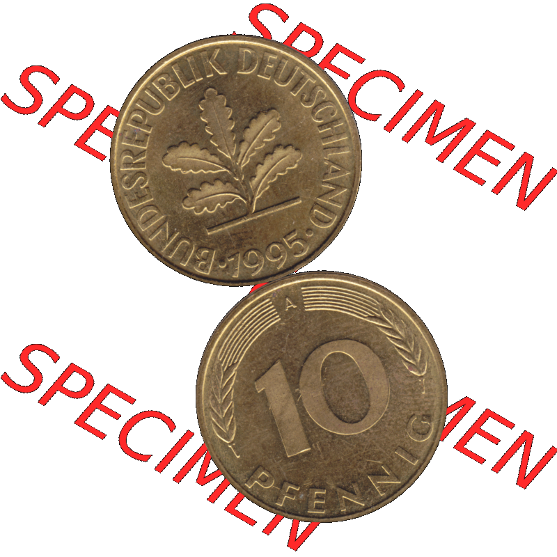 BRD Münzen 10 Pf. Umlaufmünze in PNG 1990-2001, 10 Pfennig 1995 A-01. Vorderseite und Rückseite auf einen Bild / Foto vertikal untereinander zusammengefügt,... Sammlung