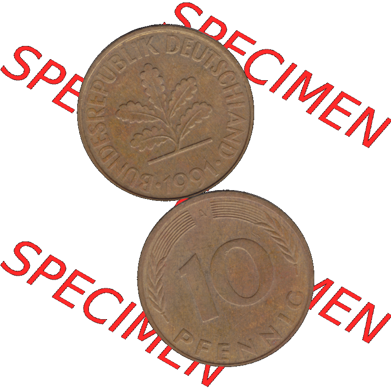 BRD Münzen 10 Pf. Umlaufmünze in PNG 1990-2001, 10 Pfennig 1991 A-04. Vorderseite und Rückseite auf einen Bild / Foto vertikal untereinander zusammengefügt,... Sammlung