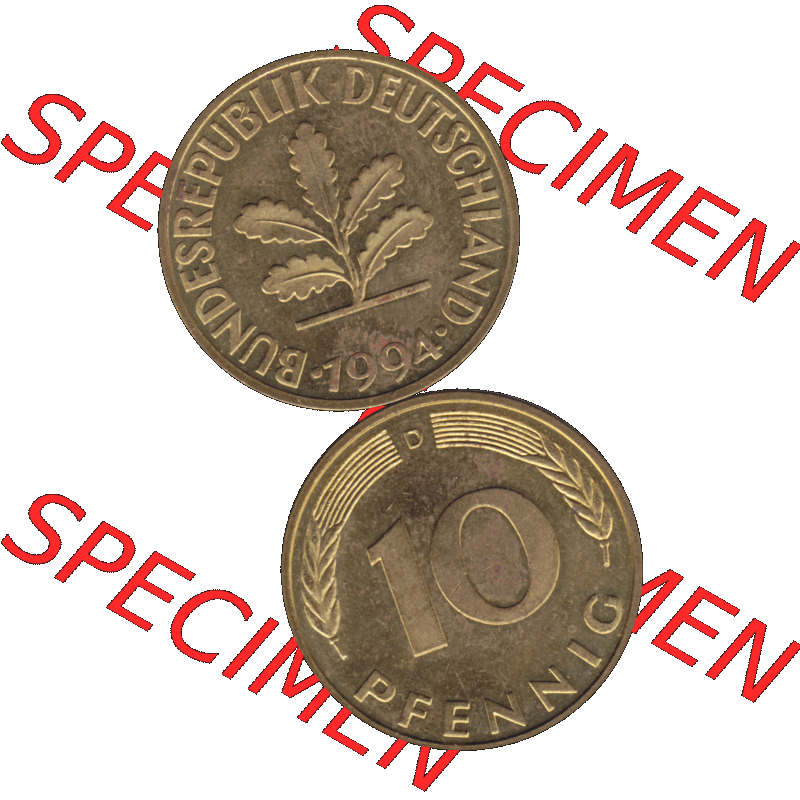 BRD Münzen 10 Pf. Umlaufmünze in PNG 1950-2001, 10 Pfennig 1994 D-02. Vorderseite und Rückseite auf einen Bild / Foto vertikal untereinander zusammengefügt,... Sammlung