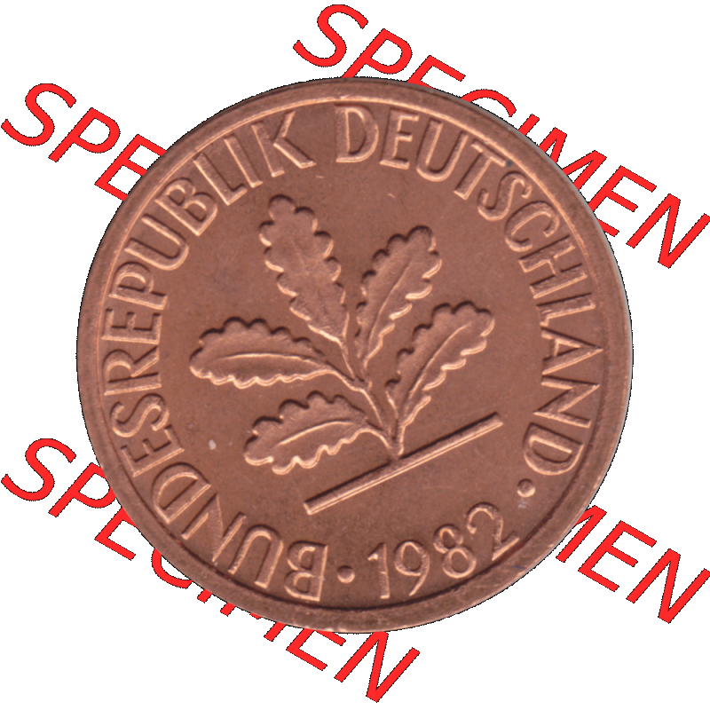 BRD Münzen 1 Pfennig Umlaufmünze in PNG 1950-2001, 1 Pfennig 1982, 1980er Jahre Stuttgart F-01. Vorderseite der digitalisierte 1 Pfennig F, mit Mzz. F für... Sammlung