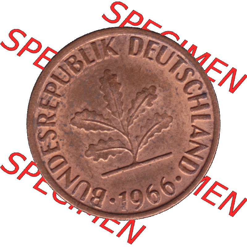 BRD Münzen 1 Pfennig Umlaufmünze in PNG 1950-2001, 1 Pfennig 1966, 1960er Jahre Stuttgart F-01. Vorderseite der digitalisierte 1 / Ein - Pfennig BRD F, mit Mzz.... Sammlung