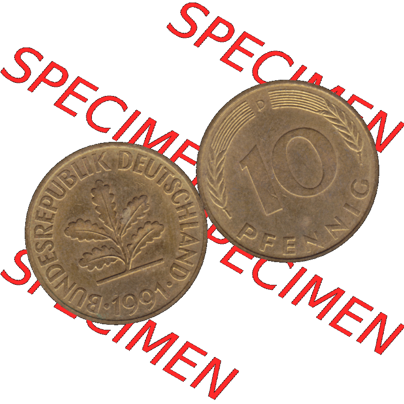 BRD Münzen 10 Pf. Umlaufmünze in PNG 1950-2001, 10 Pfennig 1991 D-03. Vorderseite und Rückseite mit Wert-Zahl auf einen Bild / Foto der digitalisierten 10 Pfennig... Sammlung