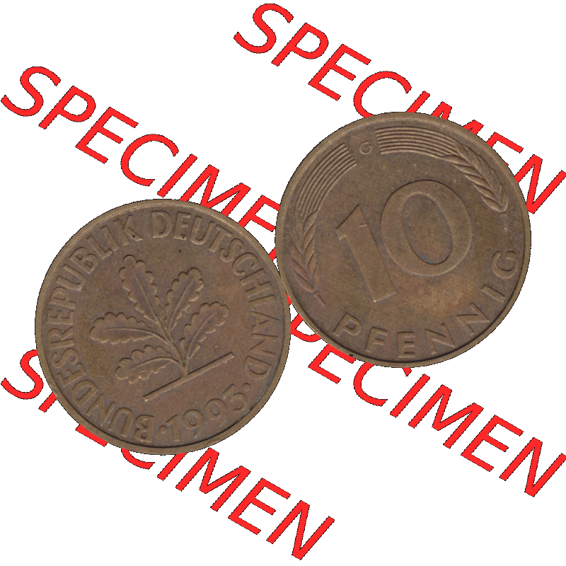 BRD Münzen 10 Pf. Umlaufmünze in PNG 1950-2001, 10 Pfennig 1993 G-01. Vorderseite und Rückseite mit Wert-Zahl auf einen Bild / Foto der digitalisierten 10 Pfennig... Sammlung