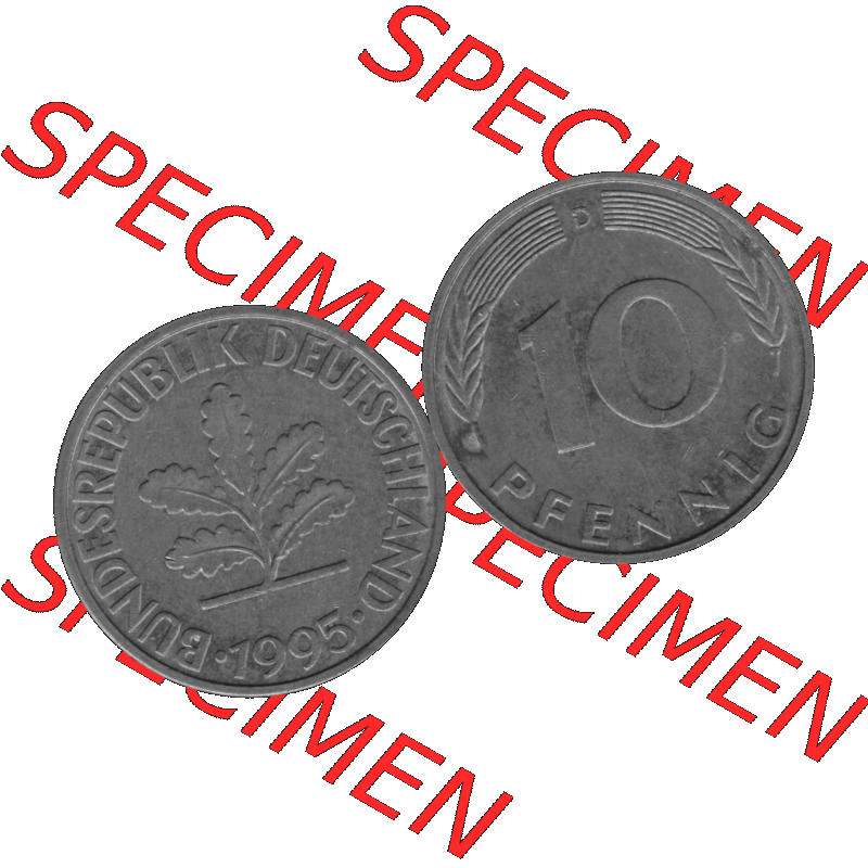 BRD Münzen 10 Pf. Umlaufmünze in PNG 1950-2001, 10 Pfennig 1995 D-12 Graustufen. Graustufen-Bilder der Vorderseite und Rückseite mit Wert-Zahl auf einen Bild / Foto... Sammlung