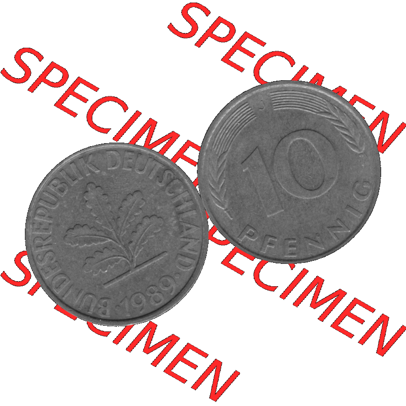 BRD Münzen 10 Pf. Umlaufmünze in PNG 1950-2001, 10 Pfennig 1989 J-01 Graustufen. Graustufen Bild aus zwei Bildern vom Scanner mit Vorderseite und Rückseite mit Wert-Zahl... Sammlung
