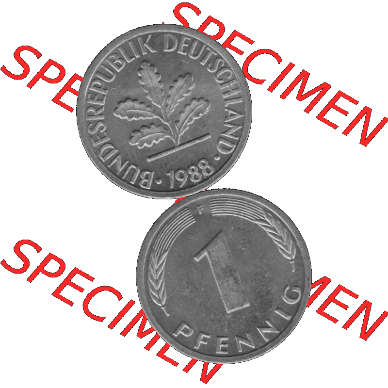 BRD Münzen 1 Pfennig Umlaufmünze in Graustufen PNG 1950-2001, 1 Pfennig 1988, 1980er Jahre Mzz. F-01. Graues-Bild 1 Pfennig F aus farbigen Bild erstellt mit Vorderseite... Sammlung