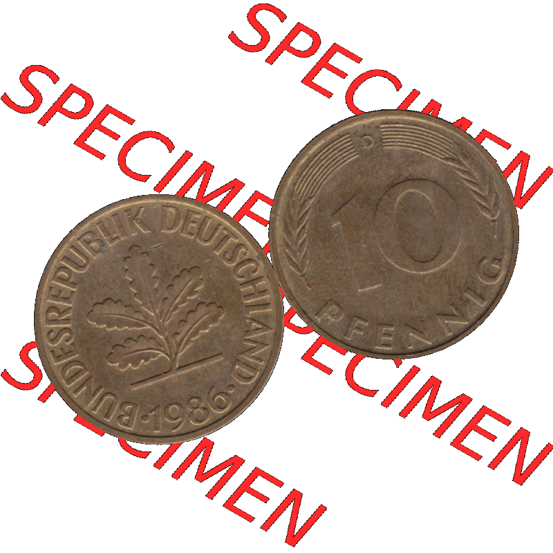 BRD Münzen 10 Pf. Umlaufmünze in PNG 1950-2001, 10 Pfennig 1986 D-07. Vorderseite und Rückseite mit Wert-Zahl auf einen Bild / Foto der digitalisierten 10 Pfennig... Sammlung