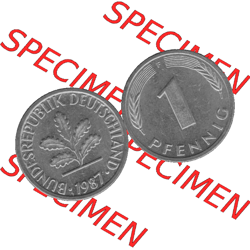 BRD Münzen 1 Pfennig Umlaufmünze in Graustufen PNG 1950-2001, 1 Pfennig 1987, 1980er Jahre Mzz. F-01. Graustufen-Bild aus Farbigen Bilder mit Vorderseite und Rückseite... Sammlung