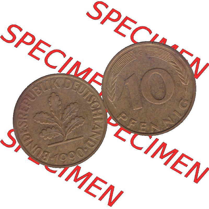 BRD Münzen 10 Pf. Umlaufmünze in PNG 1950-2001, 10 Pfennig 1990 G-01. Vorderseite und Rückseite mit Wert-Zahl auf einen Bild / Foto der digitalisierten 10 Pfennig... Sammlung