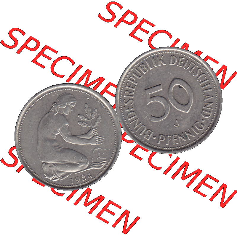 BRD Münzen 50 Pf. Umlaufmünze in PNG 1950-2001, 50 Pfennig BRD Deutschland 1984 Münzstätte Hamburg Mzz. J-01. PNG Computer-Grafik einer digitalisierten 50... Sammlung