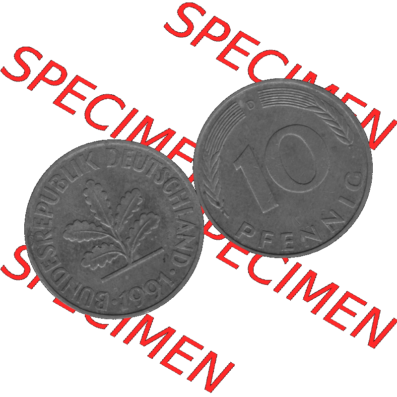 BRD Münzen 10 Pf. Umlaufmünze in PNG 1950-2001, 10 Pfennig 1991 D-02 Graustufen. Graustufen-Bilder der Vorderseite und Rückseite mit Wert-Zahl auf einen Bild / Foto... Sammlung