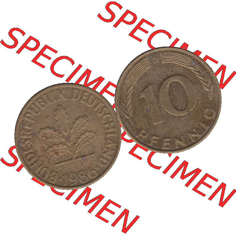 BRD Münzen 10 Pf. Umlaufmünze in PNG 1950-2001, 10 Pfennig 1986 D-01. Vorderseite und Rückseite mit Wert-Zahl auf einen Bild / Foto der digitalisierten 10 Pfennig... Sammlung