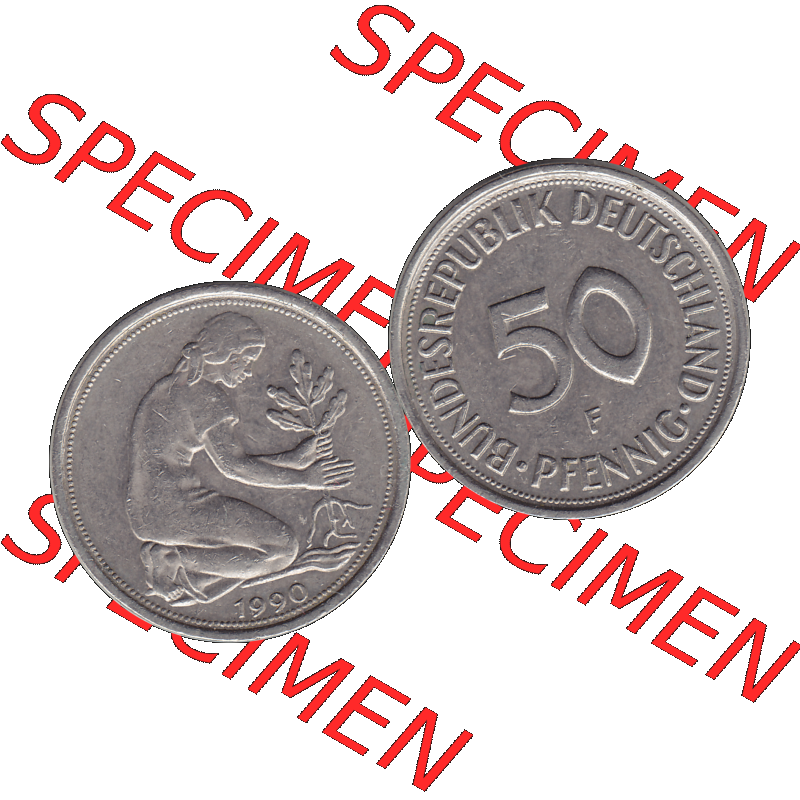 BRD Münzen 50 Pf. Umlaufmünze in PNG 1950-2001, 50 Pfennig BRD Deutschland 1990 Stuttgart F-1. Transparente Vorderseite und Rückseite als PNG-Grafik mit Wert-Zahl von... Sammlung