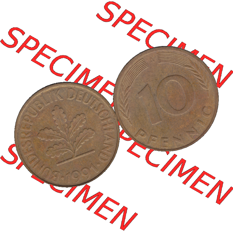 BRD Münzen 10 Pf. Umlaufmünze in PNG 1990-2001, 10 Pfennig 1991 A-04. Vorderseite und Rückseite mit Wert-Zahl auf einen Bild / Foto der digitalisierten 10 Pfennig... Sammlung