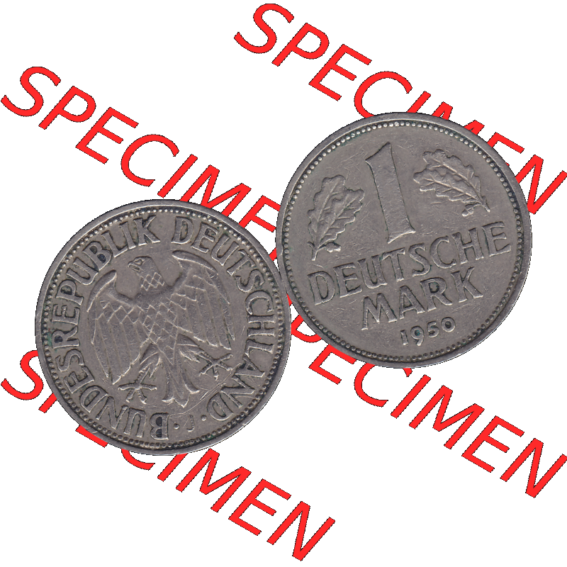 BRD Münzen 1 DM, Umlaufmünze 1950-2001, BRD Deutschland 1 / Eine DM - 1 Eine Deutsche Mark, 1950 Münzzeichen Hamburg Mzz J-1. Münzen-Rückseite und... Sammlung