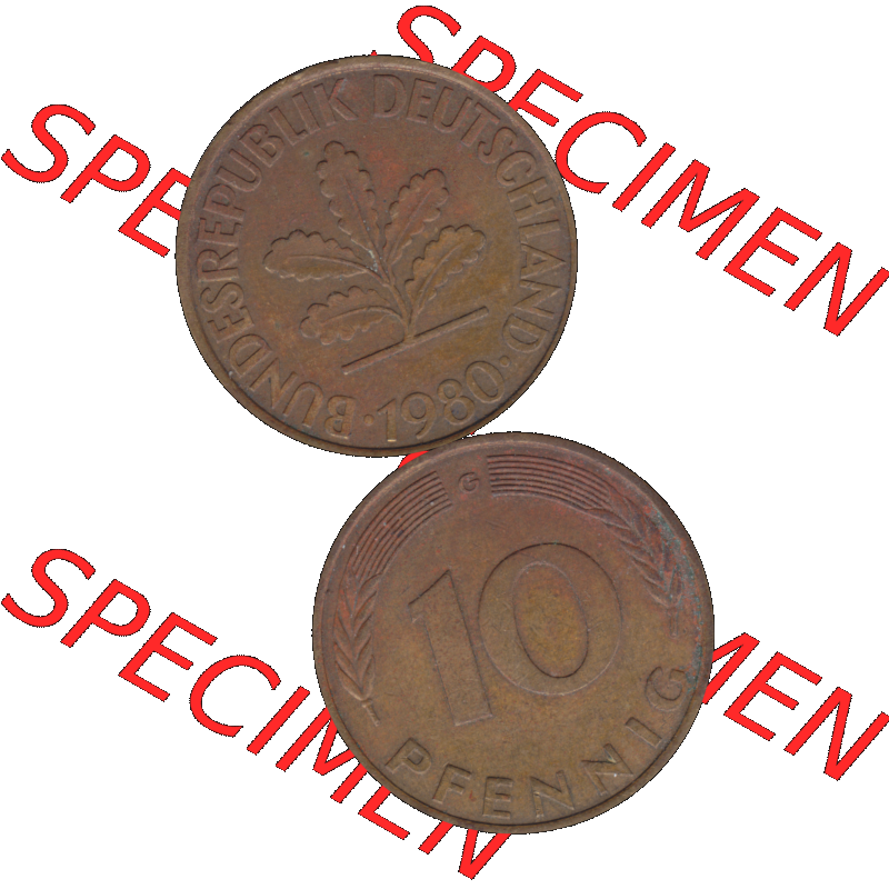 BRD Münzen 10 Pf. Umlaufmünze in PNG 1950-2001, 10 Pfennig 1980 G-01. Vorderseite und Rückseite auf einen Bild / Foto vertikal untereinander zusammengefügt,... Sammlung