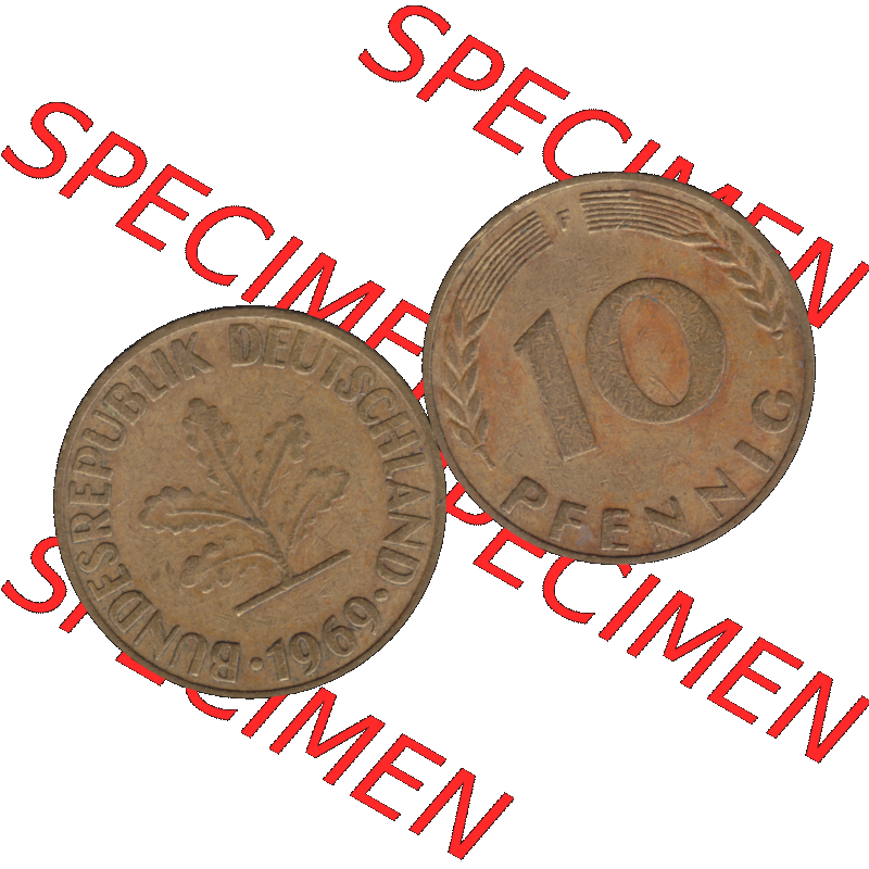 BRD Münzen 10 Pf. Umlaufmünze in PNG 1950-2001, 10 Pfennig 1969 F-01. Vorderseite und Rückseite mit Wert-Zahl auf einen Bild / Foto der digitalisierten 10 Pfennig... Sammlung