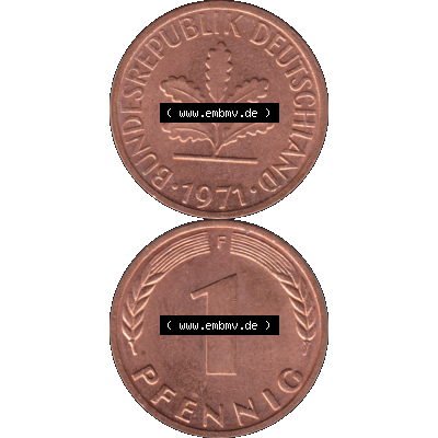 BRD Münzen 1 Pfennig Umlaufmünze in PNG 1950-2001, 1 Pfennig 1971, 1970er Jahre Stuttgart F-01. Hier befindet sich eine PNG-Grafik einer 1 / Ein Pfennig Münze Stuttgart... Sammlung