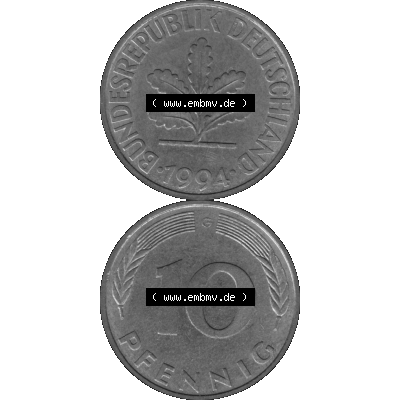 BRD Münzen 10 Pf. Umlaufmünze in PNG 1950-2001, 10 Pfennig 1994 G-01 Graustufen. Graustufen PNG-Bild, erstellt aus farbigen Vorlagen-Bild mit Vorderseite und Rückseite... Sammlung