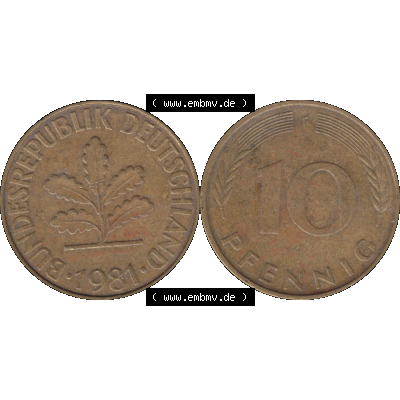 BRD Münzen 10 Pf. Umlaufmünze in PNG 1950-2001, 10 Pfennig 1981 F-01. Vorderseite und Rückseite mit Wert-Zahl auf einen Bild / Foto der digitalisierten 10 Pfennig... Sammlung