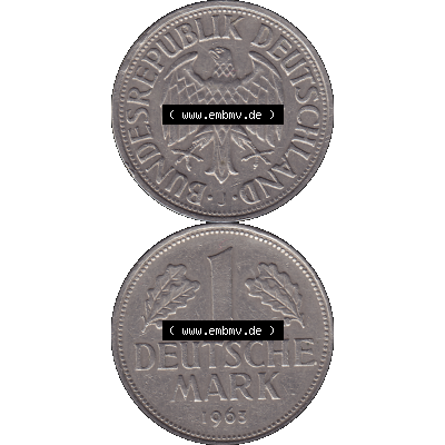 BRD Münzen 1 DM, Umlaufmünze 1950-2001, BRD Deutschland 1 / Eine DM - 1 Eine Deutsche Mark, 1963 Münzzeichen Hamburg Mzz J-1. Münzen-Rückseite und... Sammlung