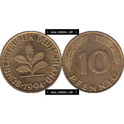 BRD Münzen 10 Pf. Umlaufmünze in PNG 1950-2001, 10 Pfennig 1994 F-01. Vorderseite und Rückseite mit Wert-Zahl auf einen Bild / Foto der digitalisierten 10 Pfennig... Sammlung