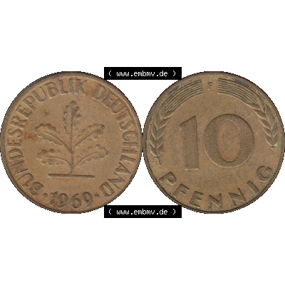 BRD Münzen 10 Pf. Umlaufmünze in PNG 1950-2001, 10 Pfennig 1969 F-08. Vorderseite und Rückseite mit Wert-Zahl auf einen Bild / Foto der digitalisierten 10 Pfennig... Sammlung