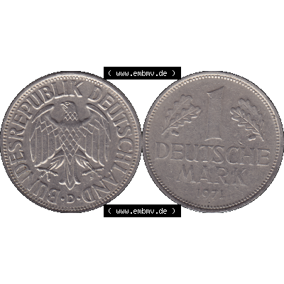 BRD Münzen 1 DM, Umlaufmünze 1950-2001, 1 / Eine DM - Eine Deutsche Mark, 1971 D-1. Münzen-Rückseite und Münzen-Vorderseite als transparente PNG-Grafik... Sammlung