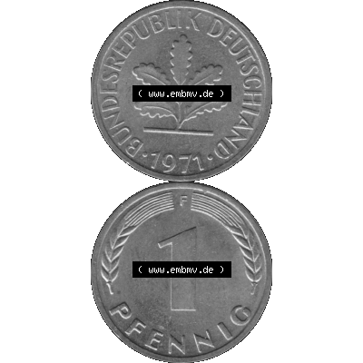 BRD Münzen 1 Pfennig Umlaufmünze in Graustufen PNG 1950-2001, 1 Pfennig 1971, 1970er Jahre Mzz. F-01. Graues-Bild 1 Pfennig F aus farbigen Bild erstellt mit Vorderseite... Sammlung