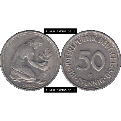 BRD Münzen 50 Pf. Umlaufmünze in PNG 1950-2001, 50 Pfennig BRD Deutschland 1982 Münzstätte Karlsruhe Mzz. "G"-01. 50 Pfennig Münze BRD der... Sammlung