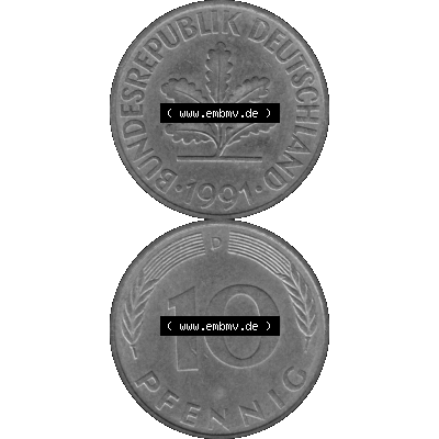 BRD Münzen 10 Pf. Umlaufmünze in PNG 1950-2001, 10 Pfennig 1991 D-03 Graustufen. Graustufen-Bild erstellt aus Farbigen Bild mit Vorderseite und Rückseite auf einen Bild... Sammlung