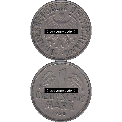 BRD Münzen 1 DM, Umlaufmünze 1950-2001, BRD Deutschland 1 / Eine DM - 1 Eine Deutsche Mark, 1950 Münzzeichen Hamburg Mzz J-1. Münzen-Rückseite und... Sammlung