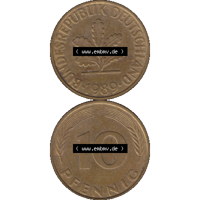BRD Münzen 10 Pf. Umlaufmünze in PNG 1950-2001, 10 Pfennig 1989 G-01. Vorderseite und Rückseite auf einen Bild / Foto vertikal untereinander zusammengefügt,... Sammlung