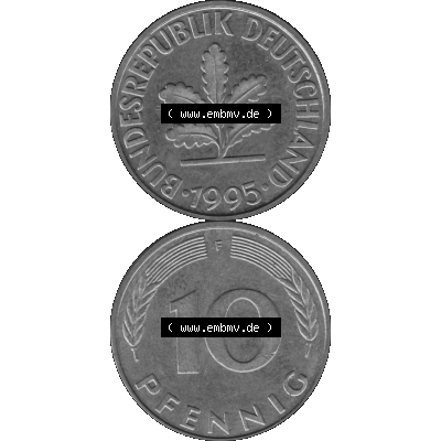 BRD Münzen 10 Pf. Umlaufmünze in PNG 1950-2001, 10 Pfennig 1995 F-02 Graustufen. Graues-Bild aus farbigen Bild erstellt mit Vorderseite und Rückseite auf einen Bild /... Sammlung