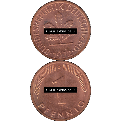 BRD Münzen in PNG 1950-2001, 1 Pfennig der BRD Deutschland 1972, 1970er Jahre Mzz. München D-01. Hier befindet sich eine PNG-Grafik einer 1 Pfennig Münze BRD mit... Sammlung
