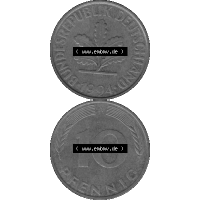 BRD Münzen 10 Pf. Umlaufmünze in PNG 1990-2001, 10 Pfennig 1994 A-01 Graustufen. Graustufen-Bilder mit Vorderseite und Rückseite auf einen Bild / Foto vertikal untereinander... Sammlung